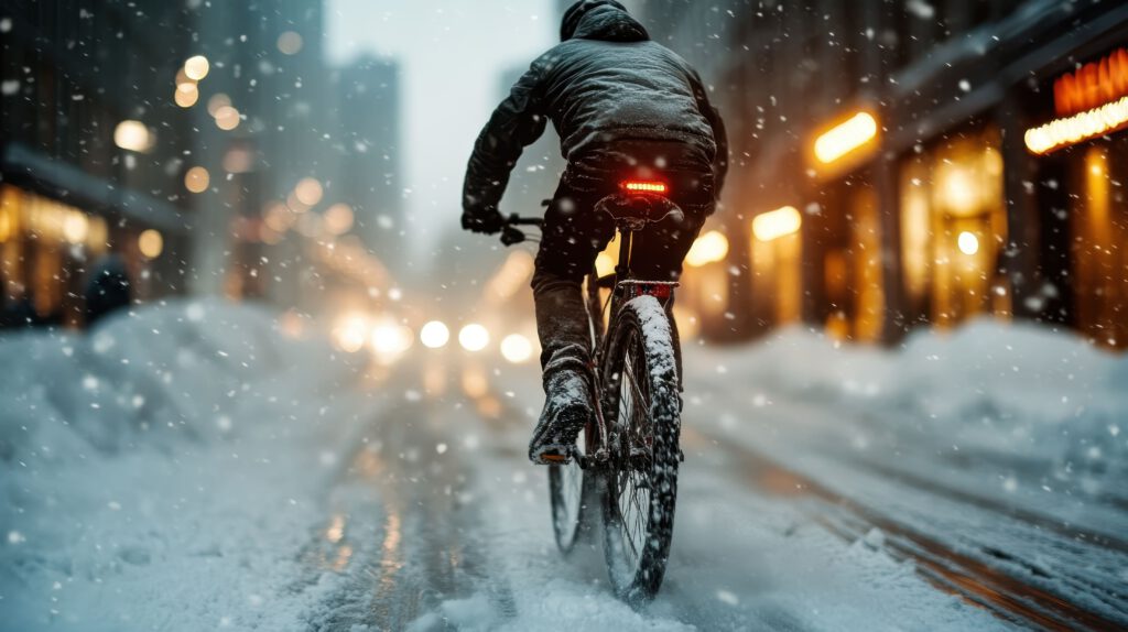 Radfahren im Winter: Eine Person ist mit dem Rad auf einer verschneiten Straße in der Stadt unterwegs.